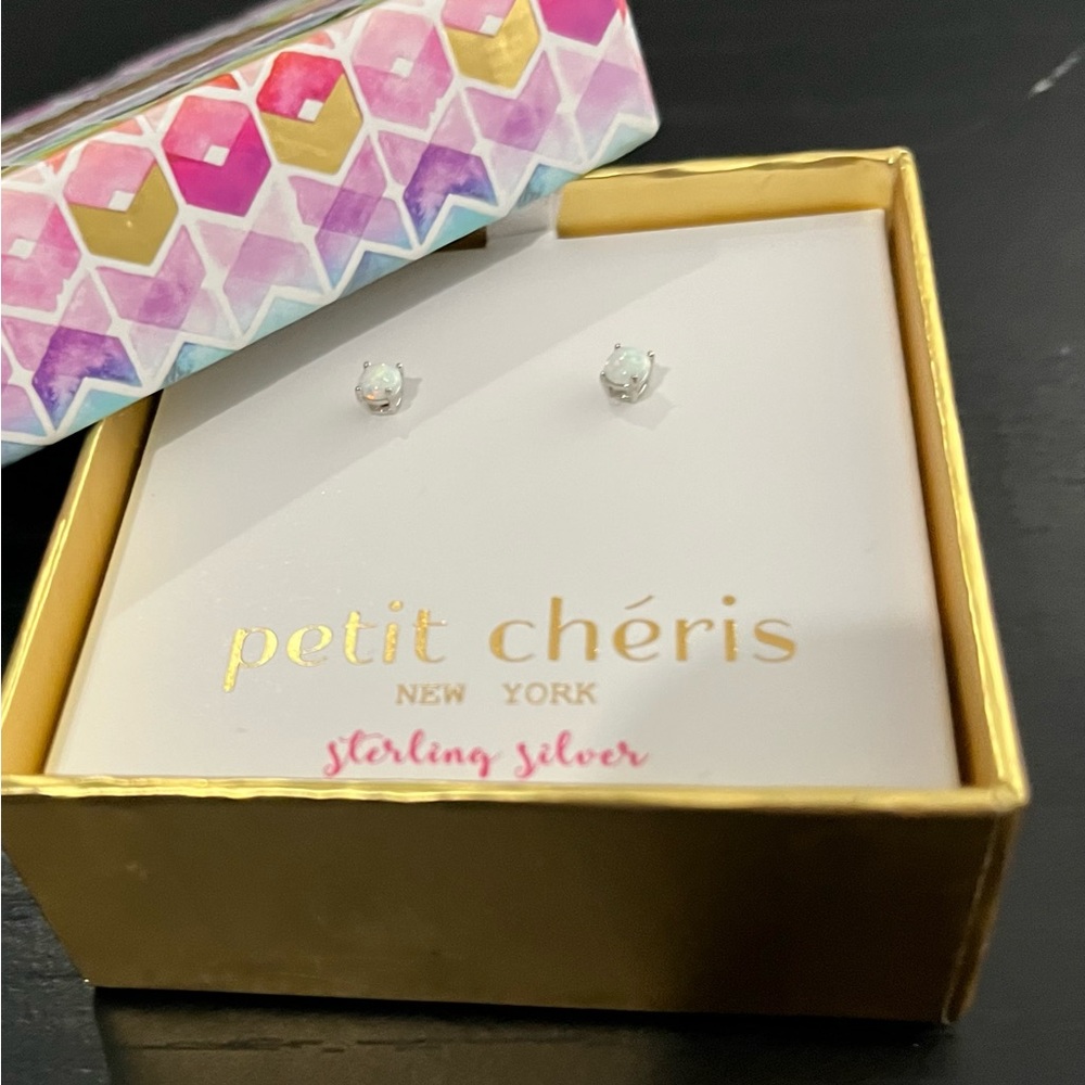 Lab created white opal & sterling silver post earrings